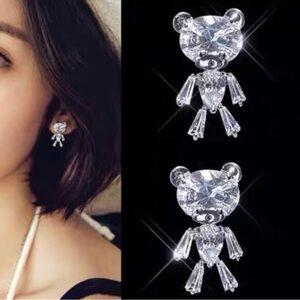 925 Sterling Small Clear Rhinestones Teddy bear Earrings